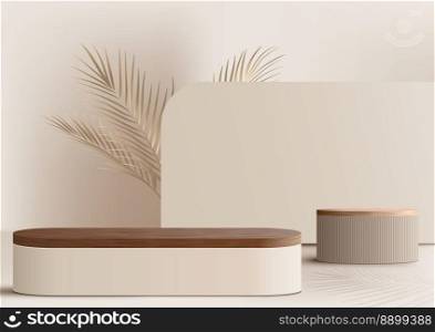 3D realistic wooden podium platform stand decoration decoration with golden palm leaves backdrop minimal wall scene on beige background. Display for spa and beauty, cosmetic product presentation showcase, mock up stage, cosmetic product display. Vector illustration