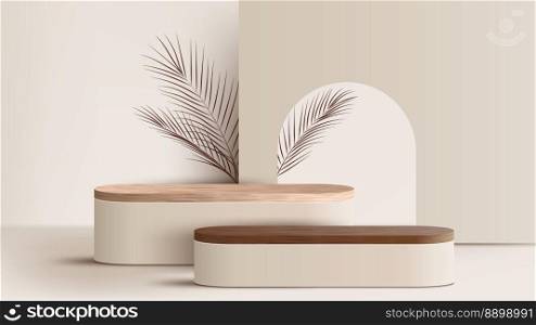 3D realistic wooden podium platform stand decoration with brown palm leaves backdrop minimal wall scene on beige background. Display for spa and beauty, cosmetic product presentation showcase, mock up stage, cosmetic product display. Vector illustration