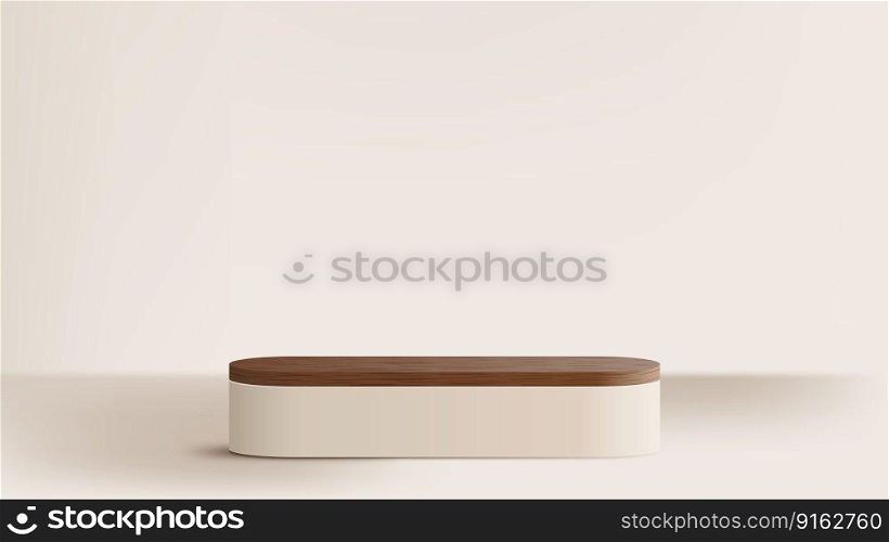 3D realistic wooden podium platform stand minimal wall scene on beige background. Display for spa and beauty, cosmetic product presentation showcase, mock up stage, cosmetic product display. Vector illustration