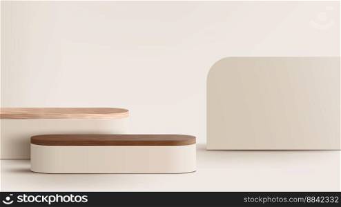3D realistic wooden podium platform stand with backdrop minimal wall scene on beige background. Display for spa and beauty, cosmetic product presentation showcase, mock up stage, cosmetic product display. Vector illustration