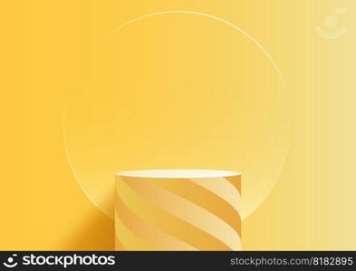 3D realistic yellow podium platform stand cylinder shape with spiral stripes and circle glass transparent backdrop on yellow background minimal style. Abstract studio room elegant wall scene. Products display advertising showcase. Vector illustration