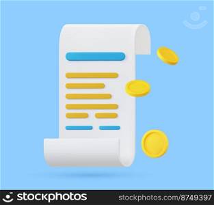 3d Receipt, Invoice, bill icon. 3D bill payment with coin and financial security for online shopping, online payment. Vector illustration. 3D bill payment