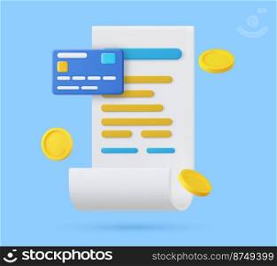 3d Receipt, Invoice, bill icon. 3D bill payment with credit card and financial security for online shopping, online payment credit card 3D with payment protection concept. Vector illustration. 3D bill payment