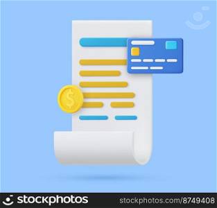 3d Receipt, Invoice, bill icon. 3D bill payment with credit card and financial security for online shopping, online payment credit card 3D with payment protection concept. Vector illustration. 3D bill payment