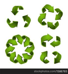 3D recycle icons. Vector green arrows, recycling symbols isolated on white background. Illustration of arrow recycle, green recycling. 3D recycle icons. Vector green arrows, recycling symbols isolated on white background