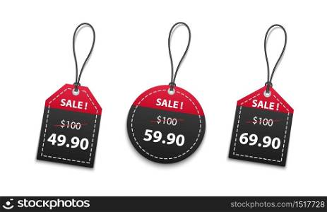 3D red and black paper price tags sale isolated on white background, vector illustration