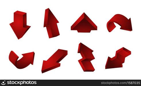 3D red arrows collection. Vector Up Down Recycling arrows isolated on white background. Illustration arrow down and up, symbol 3d for web recycle and pointer. 3D red arrows collection. Vector Up Down Recycling arrows isolated on white background