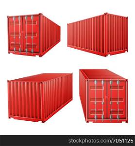 3D Red Cargo Container Vector. Classic Cargo Container. Freight Shipping Concept. Logistics, Transportation Mock Up. Isolated On White Background Illustration. 3D Cargo Container Vector. Classic Cargo Container. Freight Shipping Concept. Logistics, Transportation Mock Up. Isolated