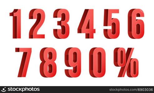 3D Red Discount Numbers Vector. Percent. Numbers From 0 to 9. Percentage Icon Set In 3D Style. Isolated On white Illustration. Red Discount Numbers Set Vector. Figures From 0 to 9. Sign Of Percent. Isolated Illustration
