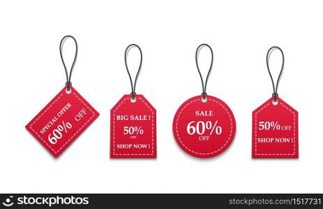 3D red paper price tags sale isolated on white background, vector illustration