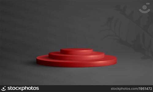 3D red podium on soft red background. 3D stage round podium vector.. 3D red podium on soft black background. 3D stage round podium vector. Award winner platform studio.