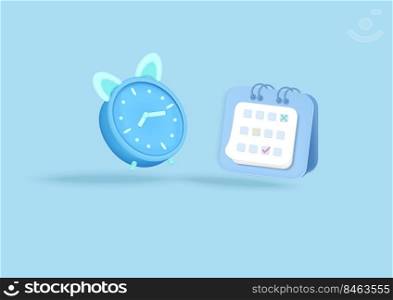 3D reminder round clock and calender on light blue pastel. Notificatons for planning, travel, business. Minimal cartoon icon. Vector illustration
