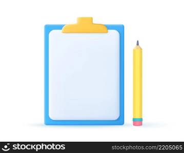 3D render Clipboard and pencil with sheets of paper. . White volumetric sheet of paper . Vector illustration. Clipboard and pencil with sheets of paper