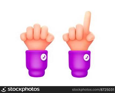 3d render, count fingers, hands showing number one and clenched fist. Communication gestures concept, One or pointing up gesturing, isolated Illustration on white background in cartoon plastic style. 3d render, count fingers, hands showing number one