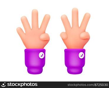 3d render, counting human hands showing three and four fingers. Communication, body language, number gestures digital concept isolated on white background, Cartoon Illustration in plastic style. 3d render, counting human hands, three and four
