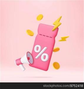 3d render discount coupon with percentage sign with coins and flash. Voucher card cash back template design. Premium special price offers sale coupon. 3d rendering. Vector illustration. Voucher card cash back template design with coupon code promotion
