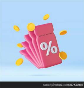 3d render discount coupon with percentage sign with coins. Voucher card cash back template design. Premium special price offers sale coupon. 3d rendering. Vector illustration. Voucher card cash back template design with coupon code promotion