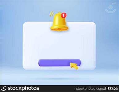 3d render Empty reminder popup, push notification icon with Cute yellow bell. 3D Model render for design. Email web symbol, mobile phone app, template, copy space. Vector illustration. Notification 3D icon.