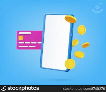 3d render gold coins flying next to phone and credit card. Mobile smart phone with gold dollar coins explosion. exchange of funds into electronic, online shopping. Vector illustration. 3d smart phone