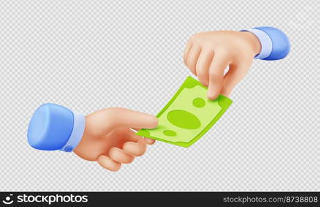 3d render hand giving money bill to another palm. Businessmen holding dollar note donate, paying with cash, financial transaction, currency exchange, Vector Illustration in cartoon plastic style. 3d render hand giving money bill to another palm