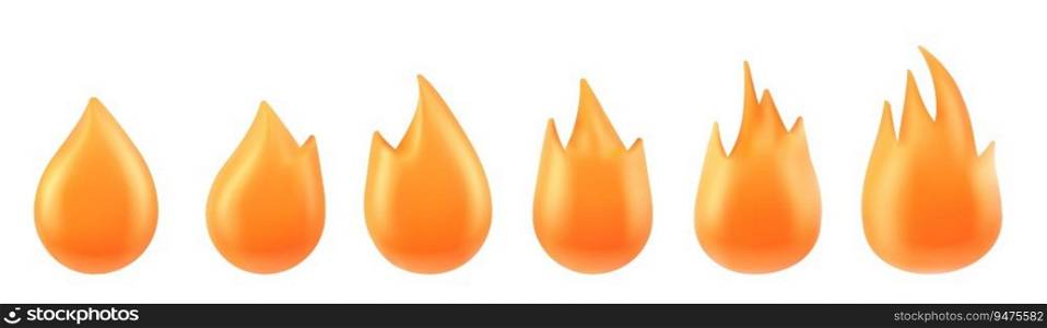 3d render hot fire burn icon emoticon illustration. Png simple shape flame animation sprite emblem collection isolated on white background. Orange clipart with warm bonfire set plastic design. 3d render hot fire burn icon emoticon illustration