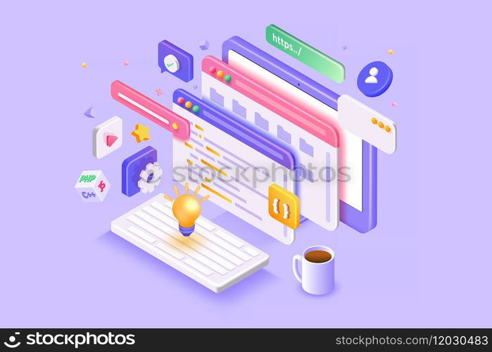 3d render Isometric Developing app. Developer mobile system application software development concept. Coding and developing connections. Modern user interface, banner. Vector 3d Illustration