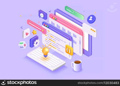 3d render Isometric Developing app. Developer mobile system application software development concept. Coding and developing connections. Modern user interface, banner. Vector 3d Illustration