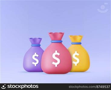3d render Money bags icon, money saving concept. Difference money bags. Vector illustration. Money bags icon, money saving concept.