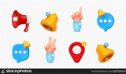 3d render notification and reminders social media icons. Bell, message bubble, map pin, loudspeaker and hand gesture isolated elements. News, sms, notice Vector illustration in cartoon plastic style. 3d render notification and reminders media icons