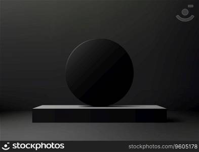 3D render of a black podium with a sphere on top is perfect for product display mockups. The minimalist design and dark background make it versatile and suitable for a variety of products. Vector illustration