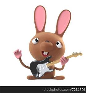 3d render of a cute cartoon Easter bunny rabbit playing electric guitar