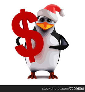 3d render of a penguin wearing a Santa Claus hat holding a US Dollar symbol