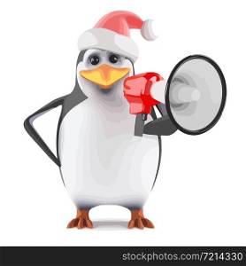 3d render of a penguin wearing a Santa Claus hat using a megaphone