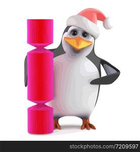 3d render of a penguin wearing a santa hat next to a giant Christmas cracker