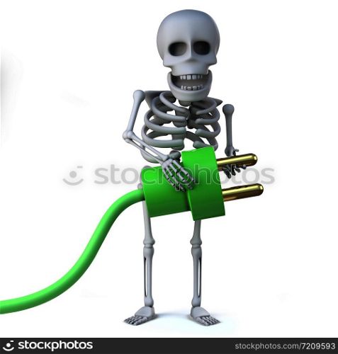 3d render of a skeleton holding a green power cord