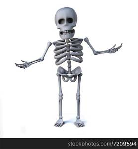 3d render of a skeleton with his hands out in innocent gesture