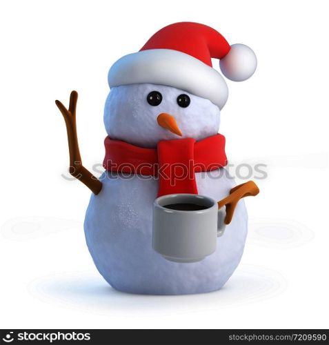 3d render of a snowman drinking a cup of tea