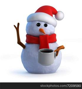 3d render of a snowman drinking a cup of tea