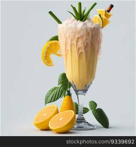 3D render of the summer cocktail Pina Colada with fresh fruit and mint leaves. Realistic pina colada cocktail with cream, fresh fruit and mint