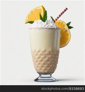 3D render of the summer cocktail Pina Colada with fresh fruit and mint leaves. Realistic pina colada cocktail with cream, fresh fruit and mint