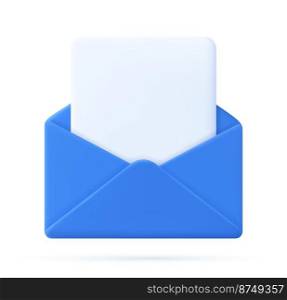 3d Render open mail Envelope with paper documents icon isolated on white background. . Read online message. Realistic symbol communication. Business news and invitations. Vector illustration. Envelope with paper documents icon.