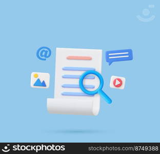3d render search concept of media file management. Searching image and video files in database. 3d document management concept media, document online, compound docs concept. Vector illustration. 3d search concept