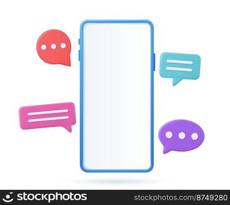 3D render smartphone with floating chat bubbles, social media chat app trendy. concept of online talking, conversation, discussion. Vector illustration. 3D render smartphone with floating chat