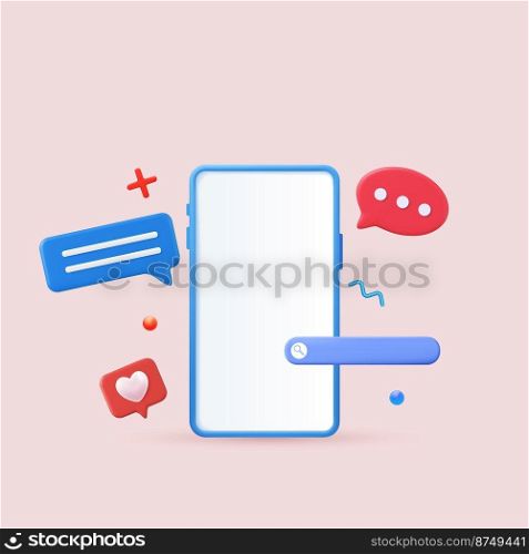 3d render social media and technology with smartphone, like button and geometric shapes, chat. online social communication applications concept. Vector illustration.. social media and technology