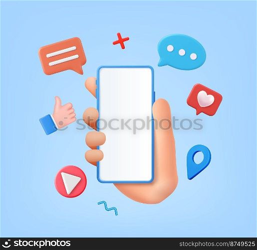 3d render social media and technology with smartphone, like button and geometric shapes, chat. online social communication applications concept. Vector illustration.. social media and technology