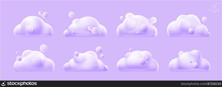 3d render white clouds, cute fluffy spindrift rounded cumulus eddies. Flying weather and nature design elements balloons isolated on background, vector illustration in cartoon plastic style icons. 3d render white clouds, fluffy spindrift eddies