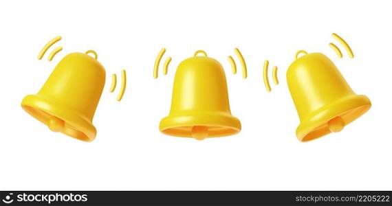3d render Yellow Bell notifications. Set of Bells Icon. Ringing handbell icons for social media reminder and alert. Vector illustration.. Set of Bells Icon