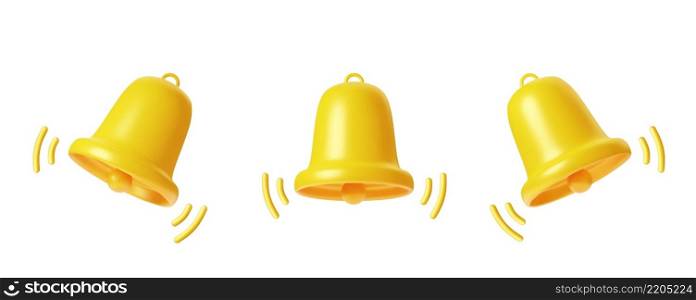 3d render Yellow Bell notifications. Set of Bells Icon. Ringing handbell icons for social media reminder and alert. Vector illustration.. Set of Bells Icon