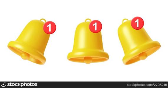 3d render Yellow Bell notifications. Set of Bells Icon with new message. Ringing handbell icons for social media reminder and alert. Vector illustration.. Set of Bells Icon with new message