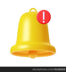 3d render Yellow notification bell icon with new urgent message isolated on white background. Social media notice event reminder. concept of notification message. Vector illustration. 3d notification bell icon